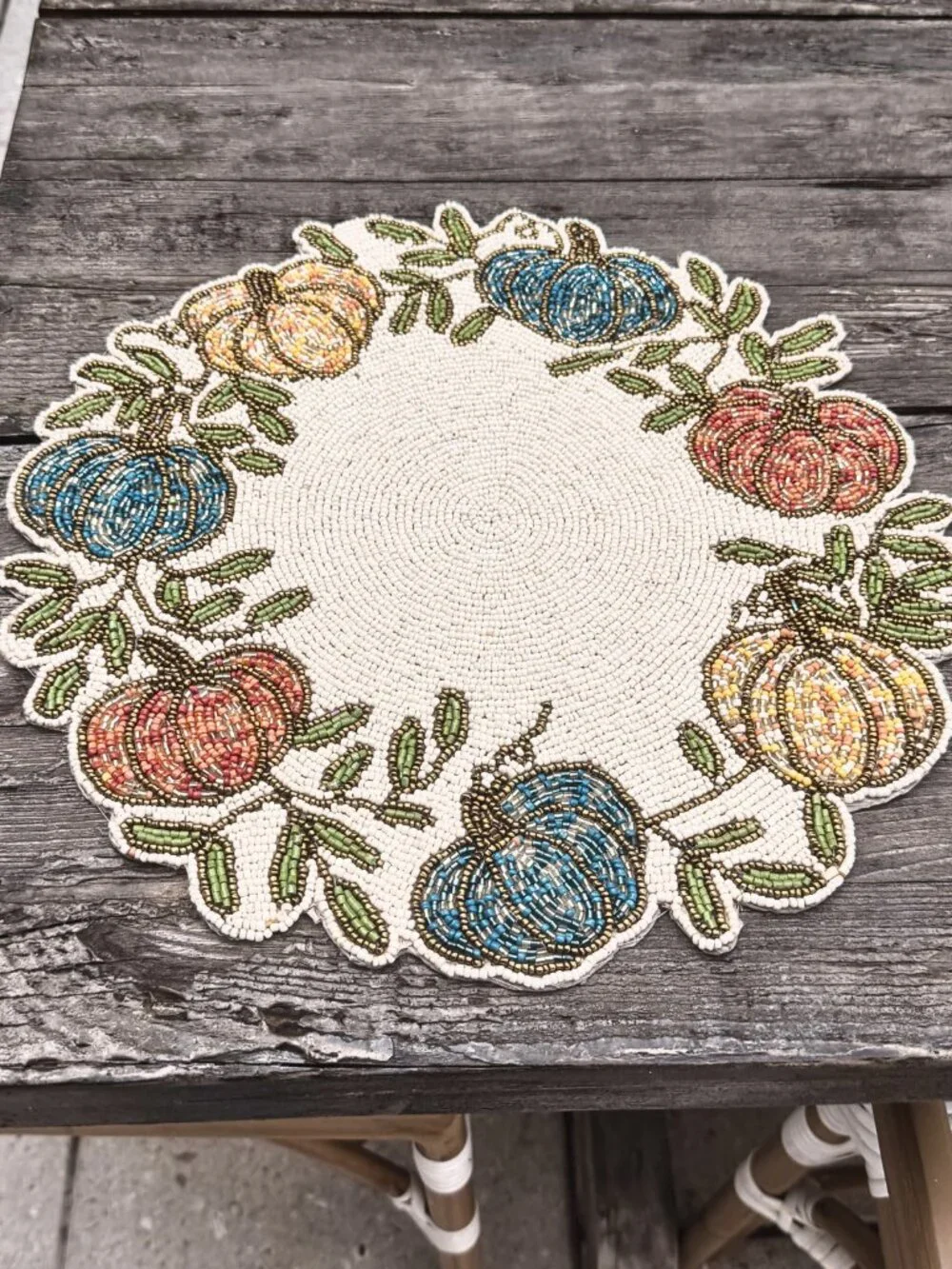 RACHEL ZOE 15” Beaded Harvest Fall Thanksgiving Pumpkin Patch Placemat Charger